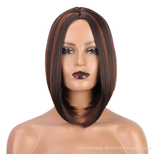 Highlights brown straight short high quality wholesale price black women synthetic hair fiber wigs with none lace